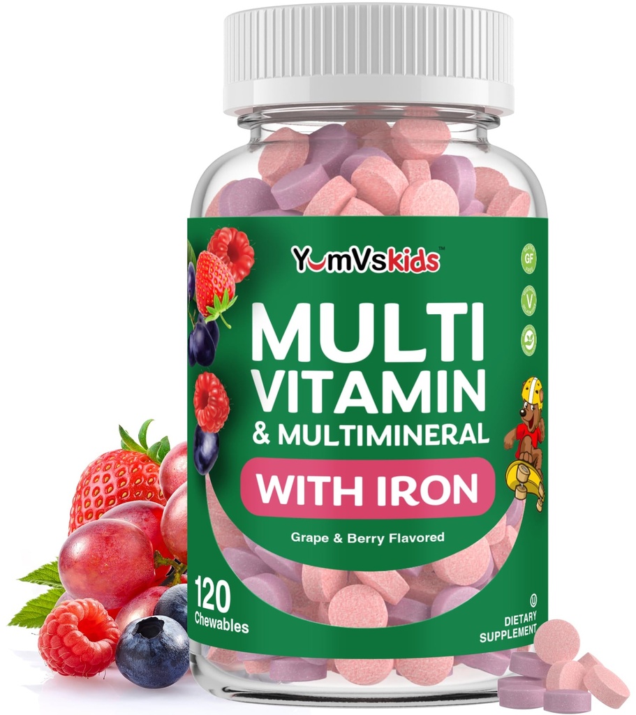 YumVs Kids Multivitamine met ijzer & mineralen Kauwtabletten Graaf & Berry Smaak Vitaminen voor peuters & kinderen leeftijd 2+ 