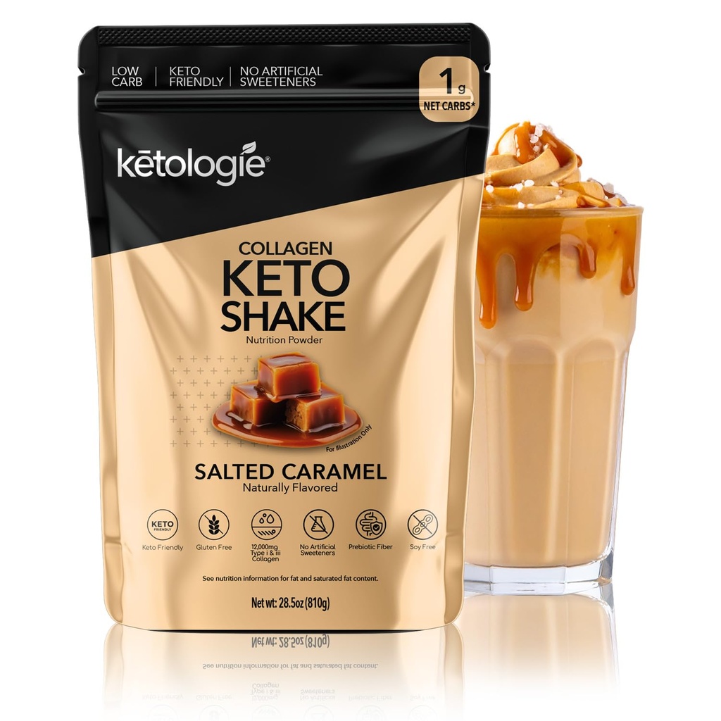 Keto Collagen Shake - with Coconut Oil, Prebiotics, Grass Fed Hydrolyzed Collagen Peptides Type I & III, Low Carb, Gluten Free - Salted Caramel