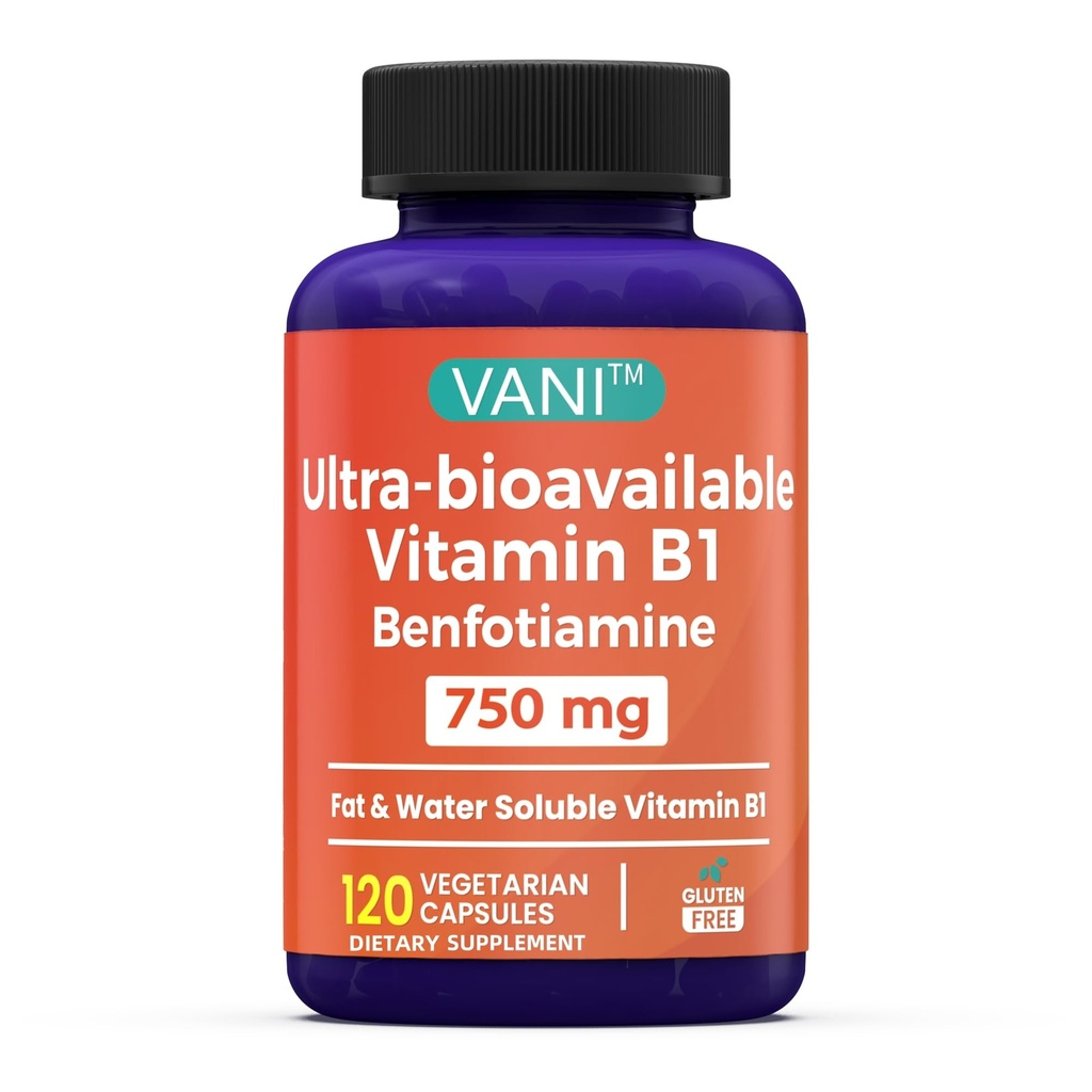 VANI 750MG Benfotiamine avec B1, 5X temps de graisse et de solvant d'eau Thiamine supplément B1 – tiers testé, sans gluten (120 capsules)