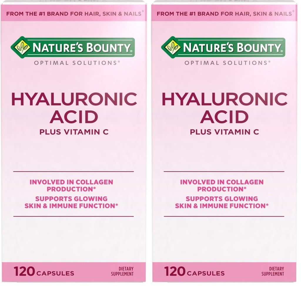 Nature's Bounty Vitamin C and Hyaluronic Acid Supplement, Supports Glowing Skin, Immune Function & Collagen Production, 120 Capsules - 60 Day Supply, Optimal Solutions Supplements for Skin Health