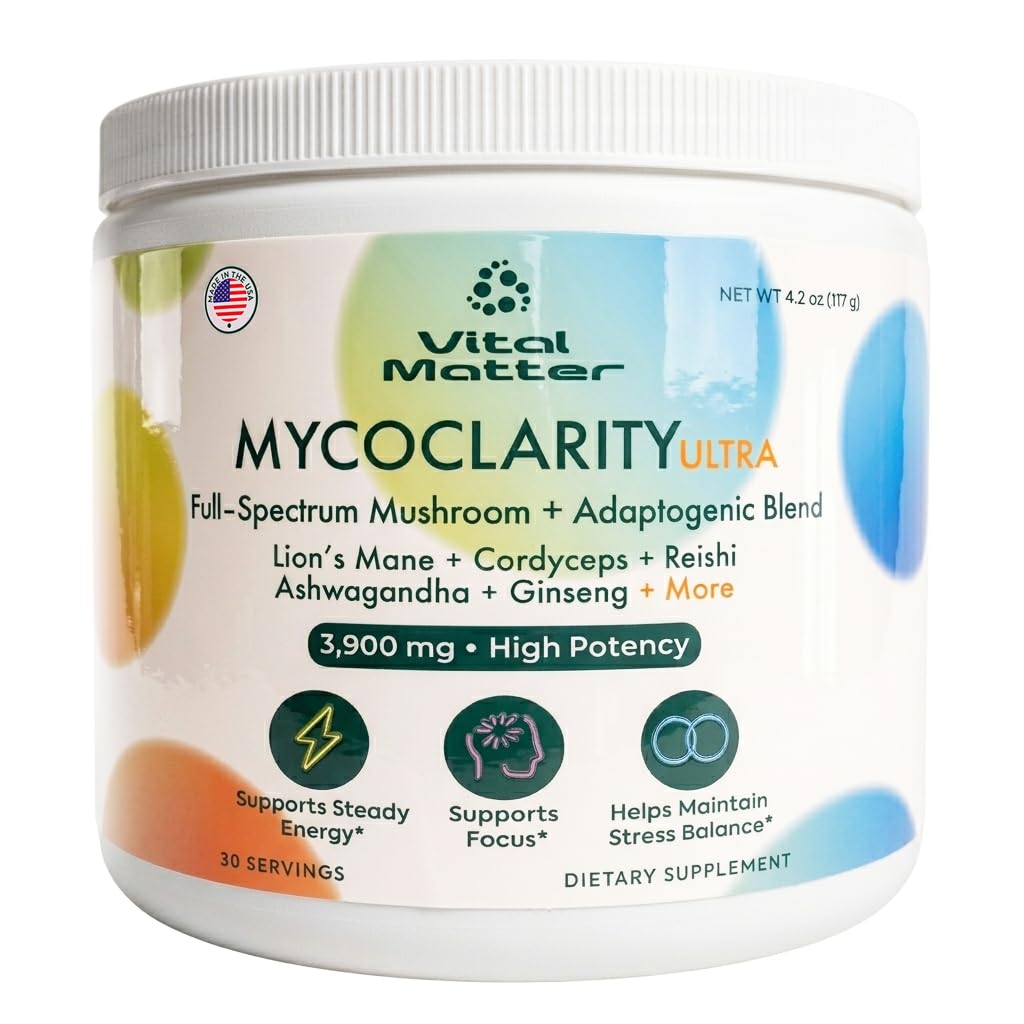 Mushroom Supplement & Adaptogen Powder – Vital Matter MycoClarity Ultra – Lion's Mane, Cordyceps, Reishi, Ashwagandha & Ginseng – Energy, Focus & Stress Support – Third Party Tested – 30 Servings
