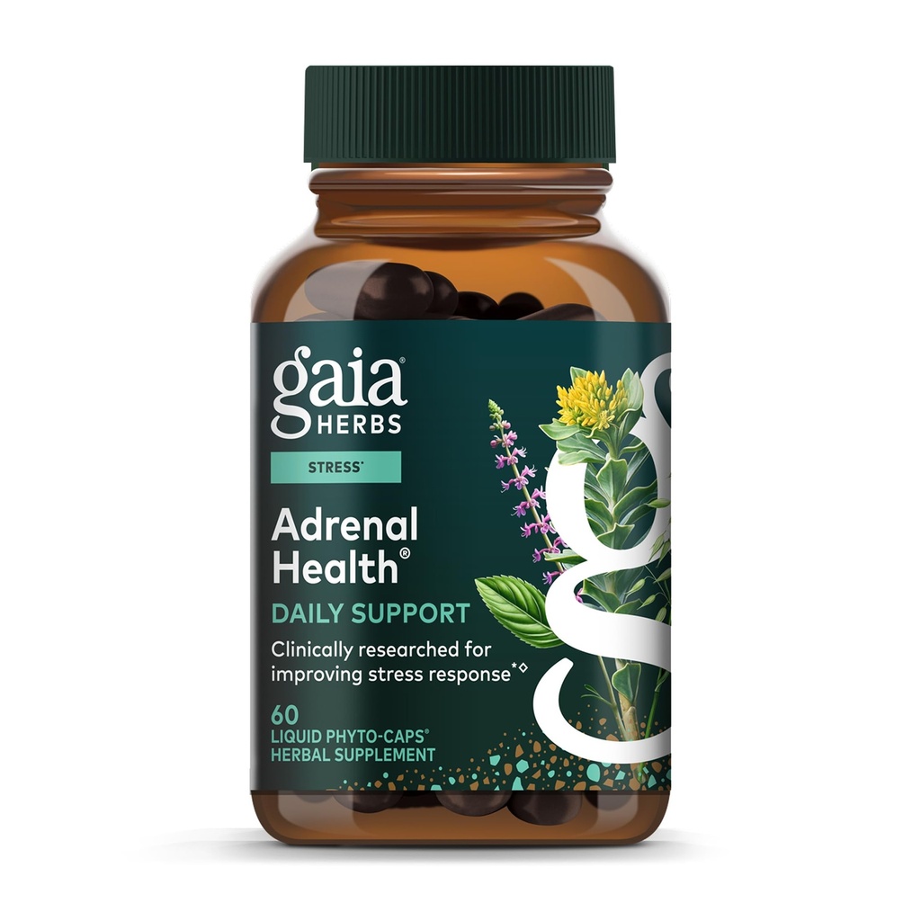 Gaia Herbs Adrenal Health Daily Support - Supplément à base de plantes avec Ashwagandha, Holy Basil & Schisandra - Aidez à maintenir des niveaux d'énergie et de stress sains* - 60 capsules de phytosules liquides véganes (approvisionnement de 60 jours)