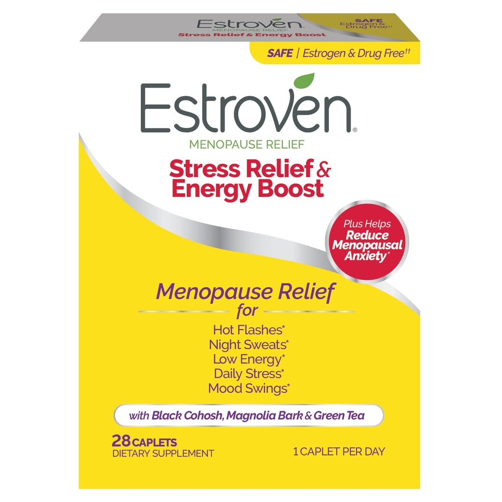 Estroven Stress Relief & Energy Boost for Menopauze Relief - 28 Ct. - Klinisch bewezen Ingrediënten Verzorgen Stress & Energy Support + Nachtkleding & Hot Flash Relief - Drug-Free en Gluten-Free