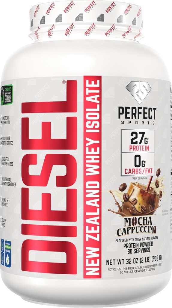 PERFECT SPORTS Diesel 100% New Zealand Whey Protein Isolate | Stevia Sweetened, No Artificial Ingredients, Keto | 0g Carb, 0g Fat, 26g Protein | 2 Pounds (Mocha Latte Cappuccino)