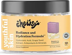 Chewsy Youthful Skin, Fruity Chews Vitamins, Radiance & Hydration Formula, Hyaluronic Acid, Grape Seed Extract, Antioxidants & Minerals, Vitamins Raspberry Lemonade Flavor 30-Day Supply