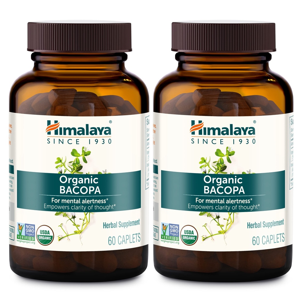 Himalaya Bacopa Monnieri Nootrope Kruidensupplement, Geestelijke Alertheid, Ondersteunt Kalm, Geheugen, Cognition, USDA Biologische, Niet-GMO, 750 mg, 60 Plant-Based Caplets, 2 Pack, 120 Day Supply
