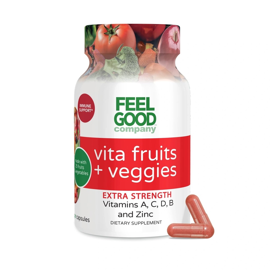 FeelGood Superfoods 1000mg Capsules de soutien immunitaire fabriquées avec 25 fruits et légumes biologiques, des stimulants d'immunité forts avec des vitamines A, C, D3 et Zinc, 60 Compte