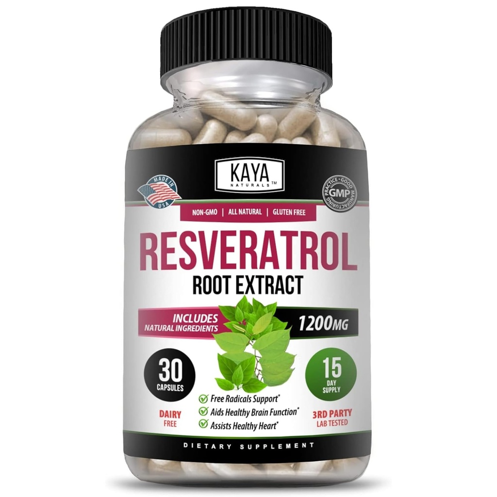 Kaya Naturals - Resveratrol Capsules - Anti Aging Supplement - Antioxidants with Brain Support - Maximum Benefits - 30 Veggies Capsules