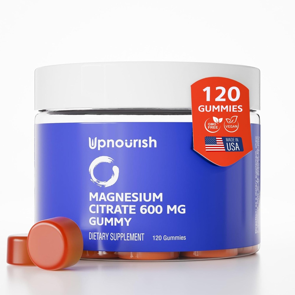 UpNourish Magnesium Gummies for Adults & Kids Magnesium Citrate Gummies 600mg, Calm Supplement for Muscle Relaxation, Bone and Digestief Health, Citrato de Magnesio, Vegan, Non-GMO, 120 Count