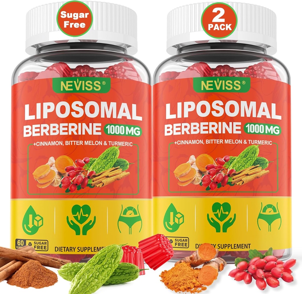 Liposomale Berberine Gummies Biologische + Berberine HCL + Kurkuma, Berberine Supplement met Ceylon Cinnamon, Bitter Meloen, Vezel voor spijsvertering, Artichoke voor lever, Algemene Gezondheid, Suikervrij