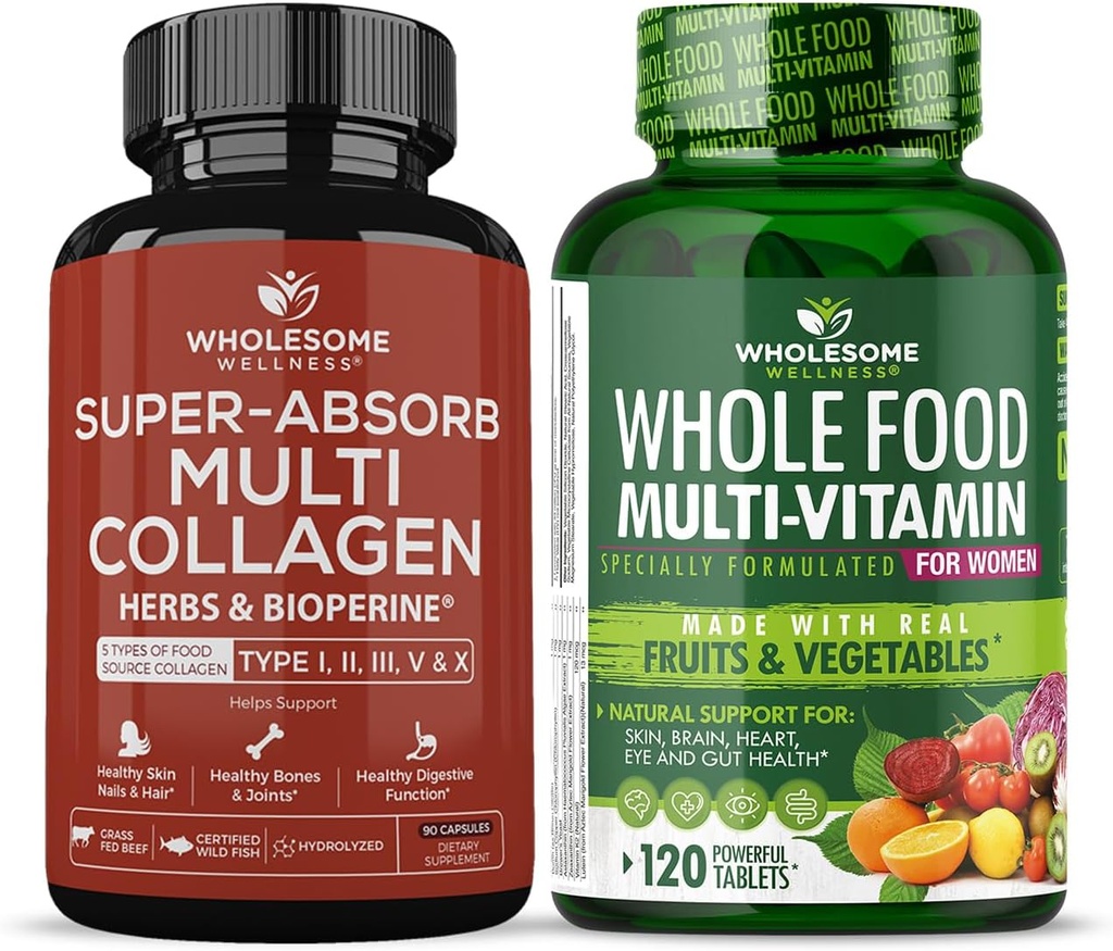 Gezonde Wellness Super-Absorb Multi Collageen Pillen (Type I II III V X) Biologische Kruiden en Bioperine + Geheel voedsel Multivitamine voor vrouwen - Natuurlijke Multi Vitaminen, Mineralen, Biologische Extracten Bundle