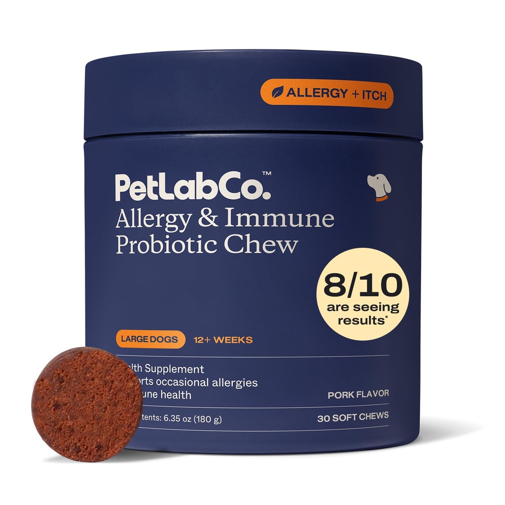 PetLab Co. Allergie & Immune Dagelijkse Probiotica voor honden. Ondersteunt Gistproductie, Seizoensgebonden Allergieën, Intermitterende Itchiness, Gut & Digestieve Gezondheid voor Grote Honden - 30 Kauwen - Verpakking mei Vary