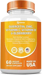 Quercetin 50 mg Zinc 1000 mg Vitamine C 5000 UI Vitamine D3 1000 mg Turmère 1000 mg Elderberry with Q-Defend Immune Blend Reisshi Nettle Arteemisinine, Non-OGM, Suppléments minéraux, 60 Capsules