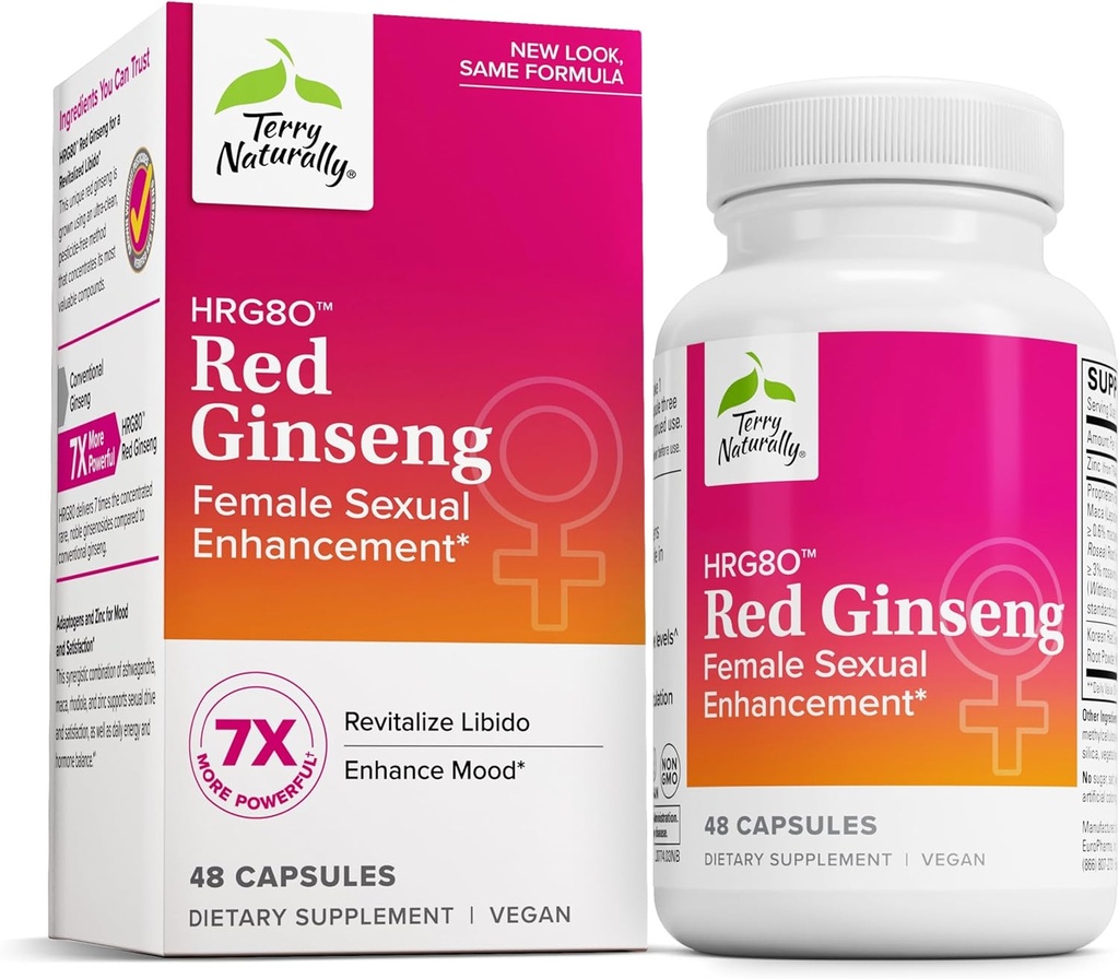 Terry Naturally HRG80 Red Ginseng Female Sexual Enhancement - Dietary Supplement for Circulation, Endurance & Energy Support - Vitality Support with Ashwagandha, Red Ginseng & Zinc - 48 Capsules