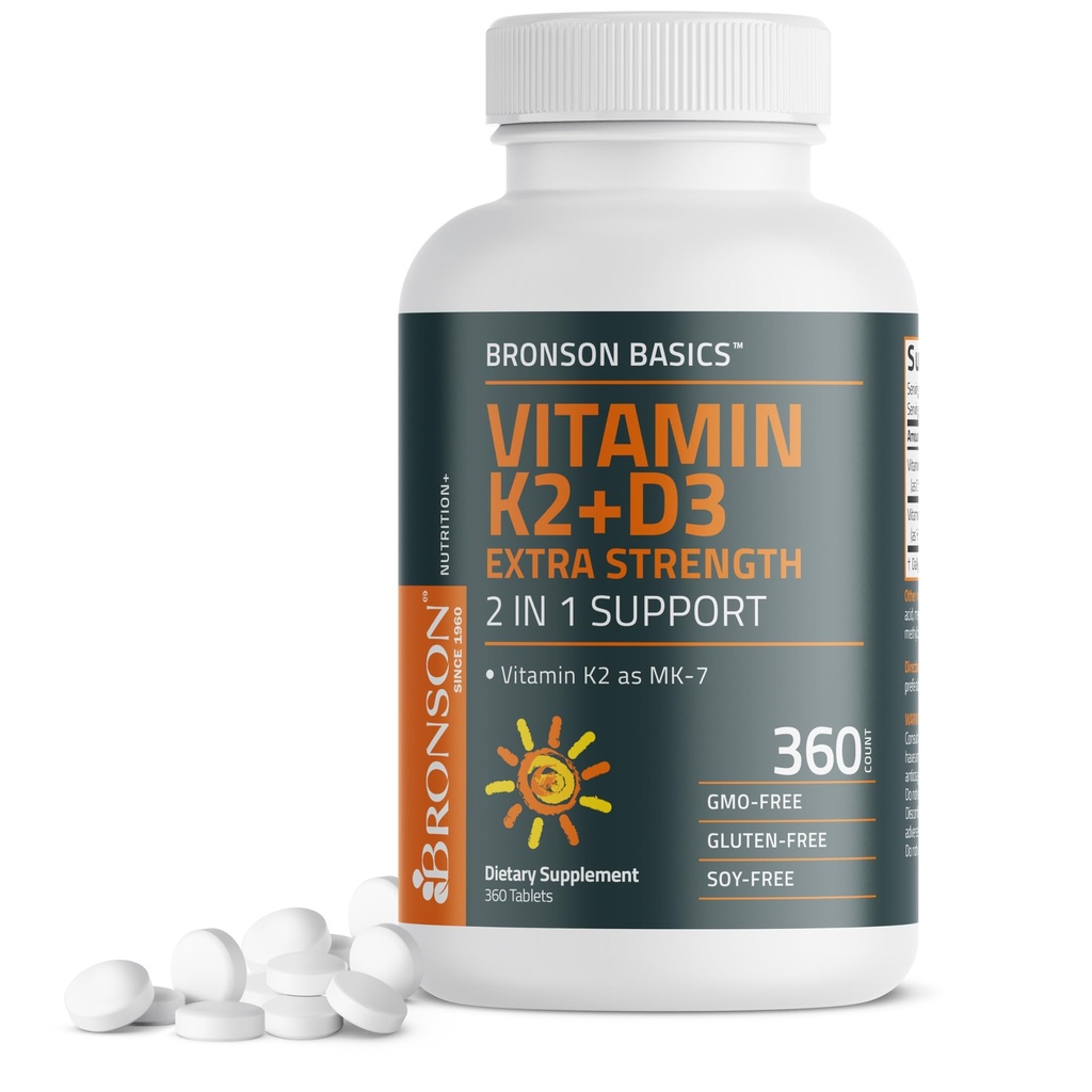 Bronson Vitamin K2 (MK7) with D3 Supplement Extra Strength 2 in 1 Support, 10,000 IU Vitamin D3 & 120 mcg K2 MK-7, 360 Tablets