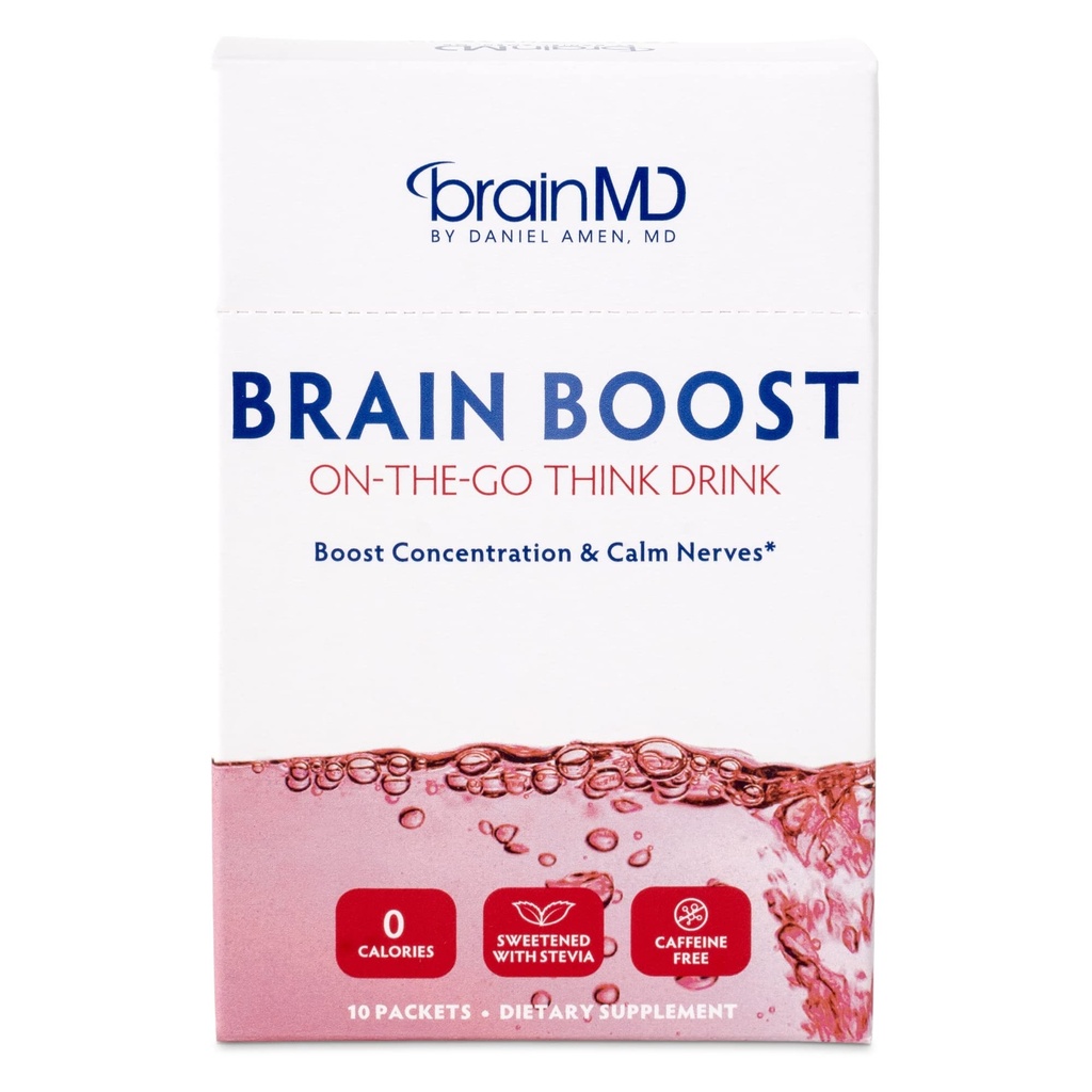 BRAINMD Dr Amen Brain Boost On The Go - 10 Packets, Berry Flavor - Nootropic Drink Powder, Promoot Focus, Helderheid en Geestelijke Energie - Cafeïnevrij, Glutenvrij - 10 Servers