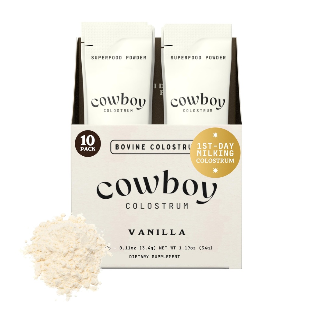 Cowboy - The Exclusive 1st Milking, Whole, Grass Fed Colostrum Supplement for Full Body Health - Bovine Colostrum Powder Packed w/Bioactive Nutrients (10 Travel Packs - Vanilla)