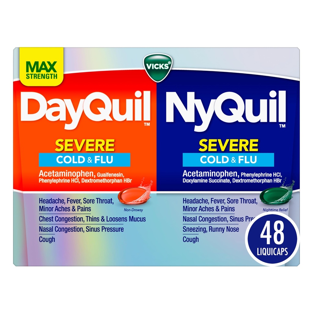 VICKS DayQuil & NyQuil SEVERE Co-Pack, Cold & Griep Geneeskunde, krachtige verlichting voor hoofdpijn, koorts, pijnlijke keel, lichte pijn & pijnen, congestie, sinusdruk, stuffy neus, en hoesten, 48 LiquiCaps