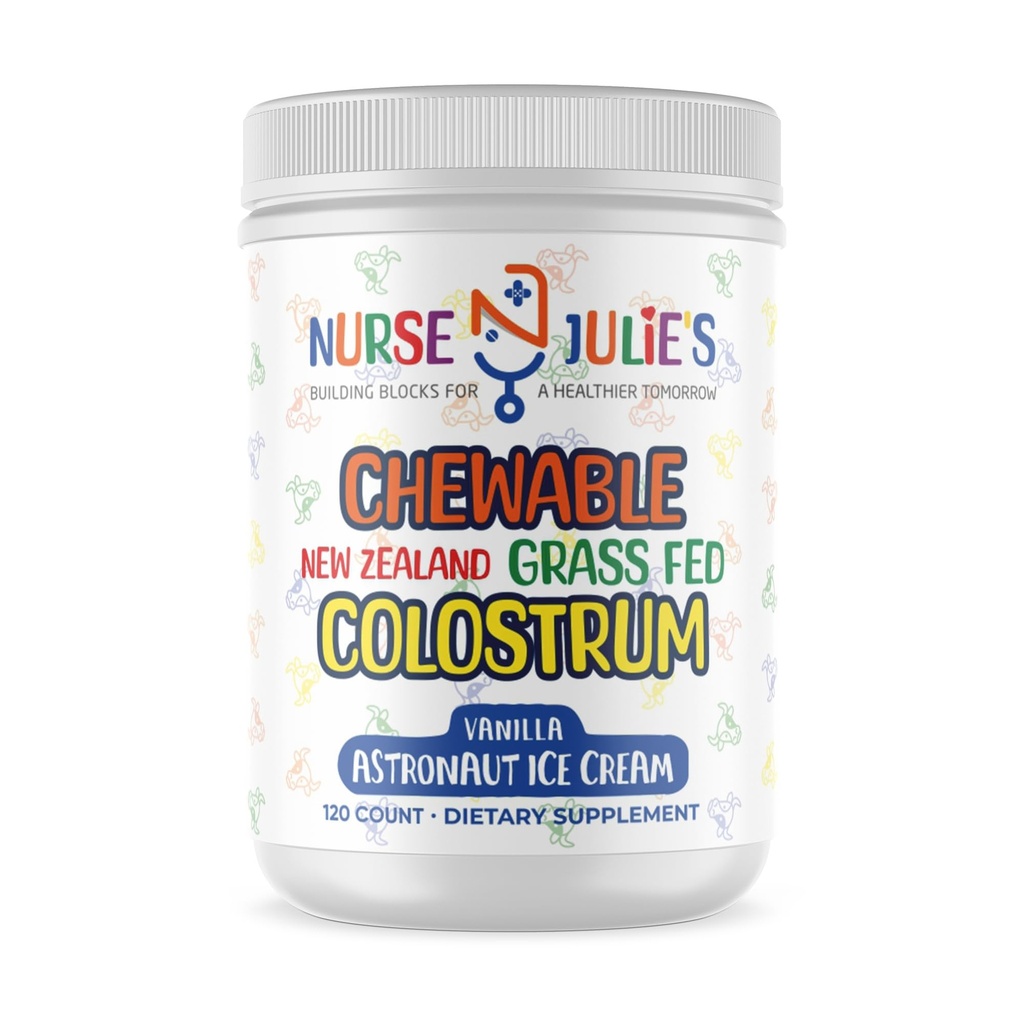 Nurse Julie's Chewable Colostrum for Kids, 120 Count - Easy-to-Chew Children's Tablet for Daily Immune & Gut Support, Grassfed New Zealand Colostrum Pills for Children, No Additives, 2 Month Supply