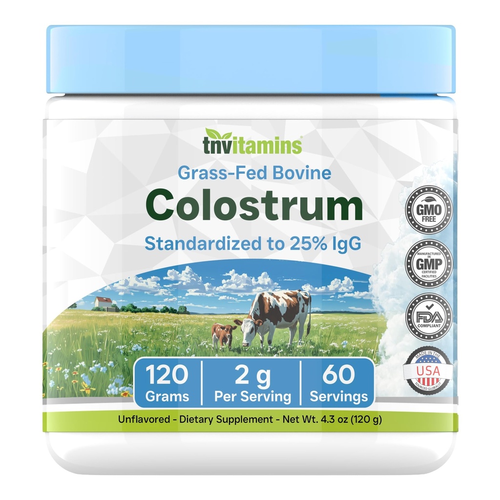 tnvitamins Colostrum Powder – 25% IgG | Grass-Fed Bovine Colostrum Supplement | Unflavored | 120g (4.3 oz) – 60 Servings | Non-GMO, No Additives