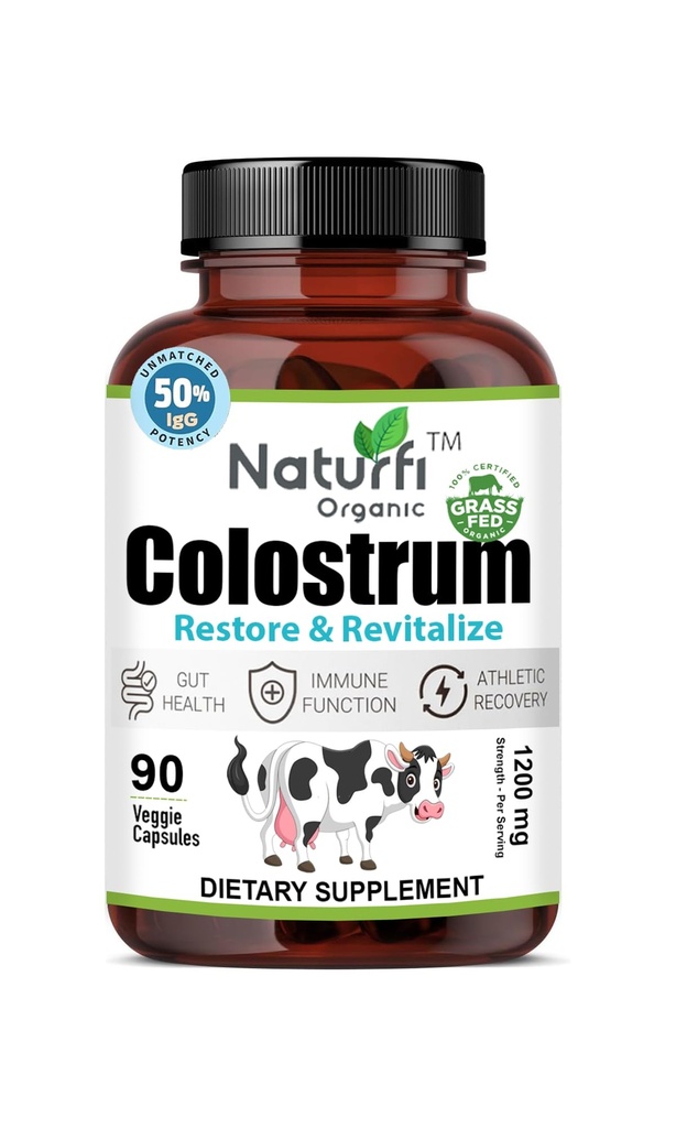 Bovine Colostrum 50% iGg, 1200 mg Strength, 90 Vegan Capsules, 45 Days Supply, 100% Grass Fed | Freeze-Dried Colostrom | First 4-6 Hour Milking Grass Fed Colostrum