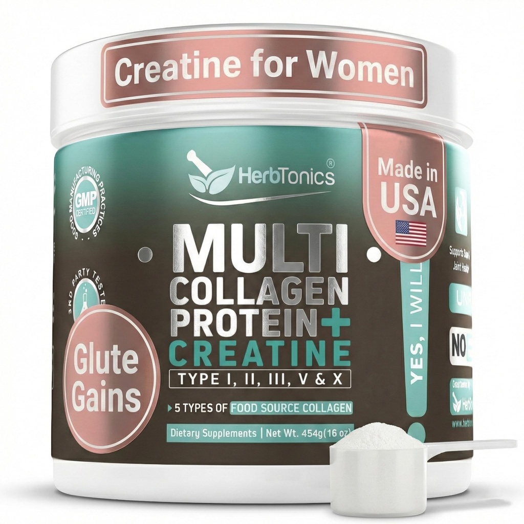 Herbtonics Creatine for Women 5000mg Creatine Monohydraat + Multi Collageen Proteïne Poeder (Type I, II, III, V, X) 