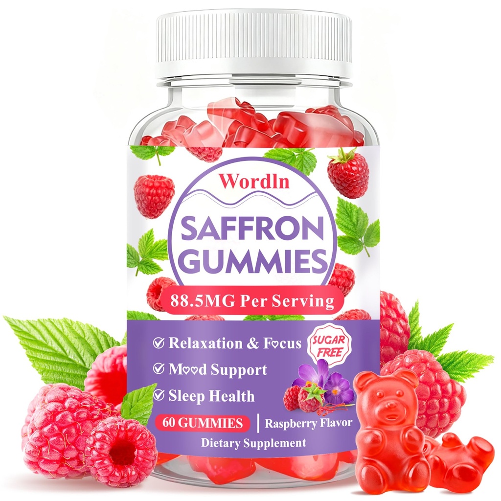 Saffron Gummies for Adults & Kids, Saffron Supplements with 88.5mg Saffron Extract, Ashwagandha, L-Theanine for Relaxation, Focus and Mood Support, 60 Gummies (Pack of 1)