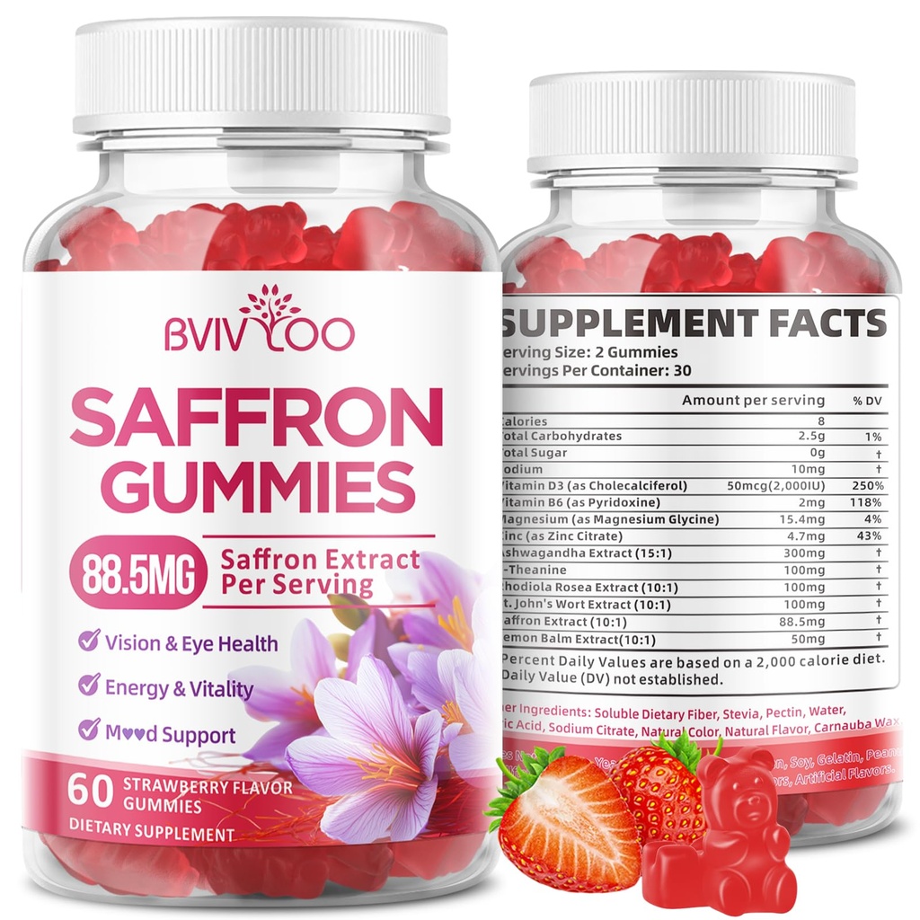 Saffron Gummies for Adult Kids, 10-IN-1 Formula with Saffron 88.5mg, Vitamins D3 & B6, Magnesium, Zinc, Ashwagandha, L-Theanine, St. John's Wort - Supports Mood & Focus, Strawberry Flavor, 60 Count