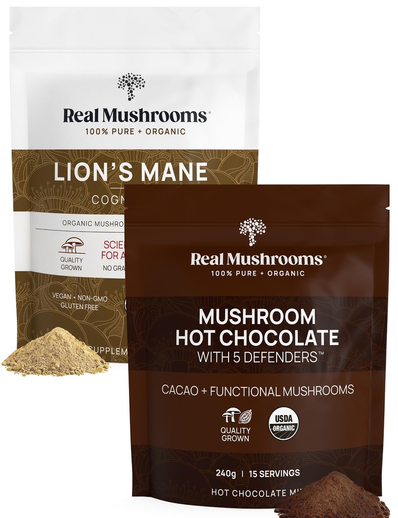 Véritable mélange de champignons au chocolat chaud (15 portions) et de lion (60 portions) en poudre - Supplément en poudre de champignons pour le soutien quotidien de l'immunité et de la cognition - sans gluten, sans OGM, végétalien
