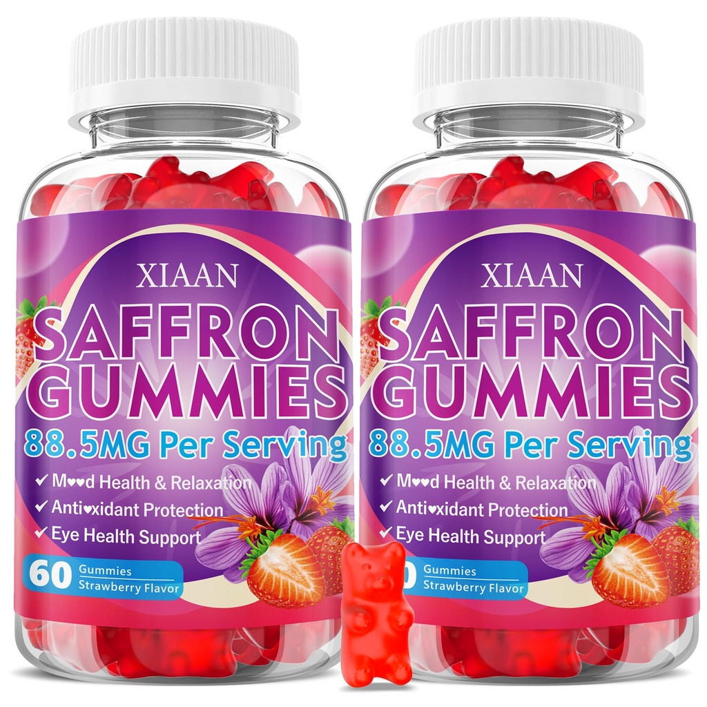 Saffron Supplements for Kids & Adults, 10 in 1 Saffron Gummies 88.5mg Saffron Extract with Ashwagandha, L-Theanine for Calm, Zzz, Antioxidant, Sugar-Free/Organic, Strawberry Flavor 120 Count