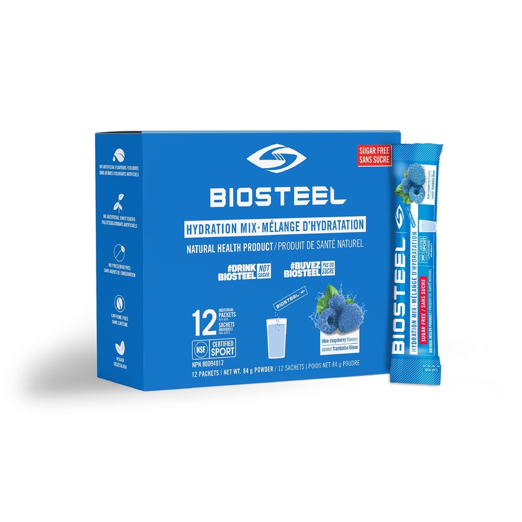 BioSteel Hydration Mix - Sugar Free, Essential Electrolyte Sports Drink Powder - Blue Raspberry - 12 Single Servings