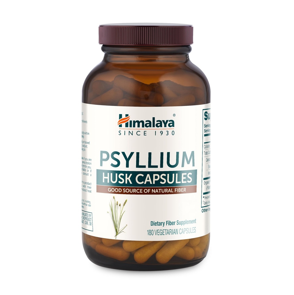 Himalaya Psyllium Husk Capsules - Supplément de fibre quotidienne pour soutenir la santé et la régularité digestives - Vegan, non-OGM, sans sucre, sans gluten, 180 capsules