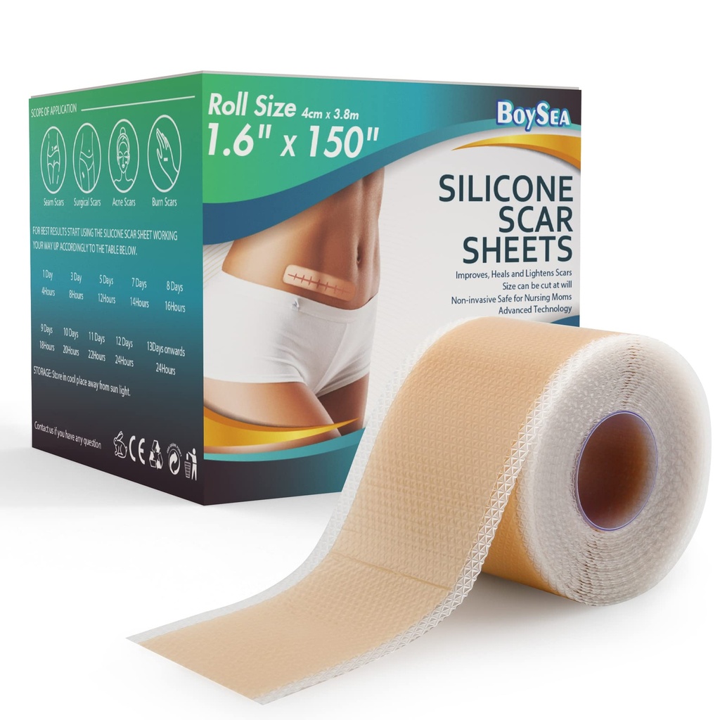 Feuilles de cicatrices en silicone professionnelles (1.6" x 150" Scar Roll-3.8M) - Traitement de suppression des cicatrices - Type de bandes de cicatrices en silicone réutilisables pour Kéloïde, C-Section, Chirurgie, Brûlure, Acne et