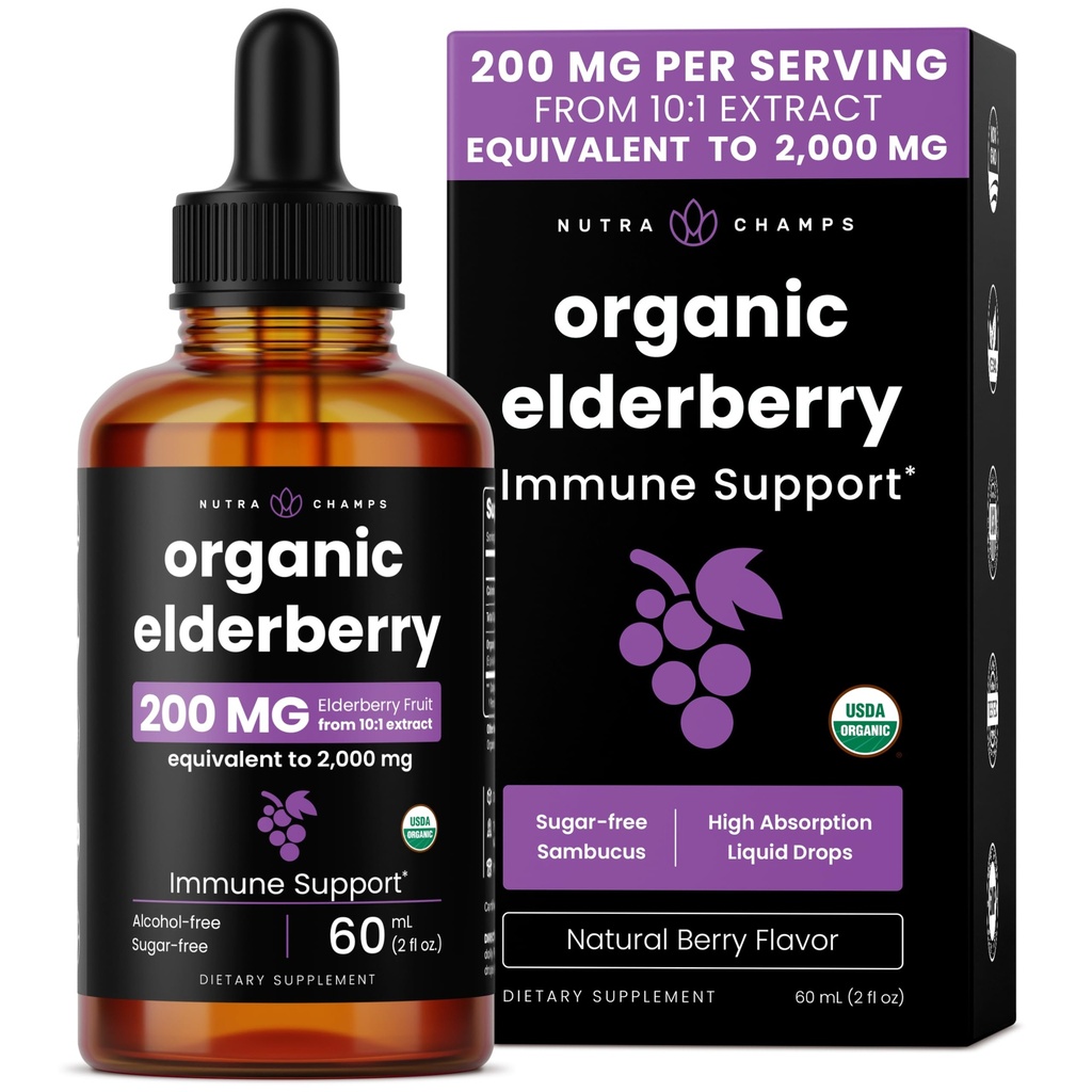 NutraChamps Zwarte Vlierbessen Siroop, Krachtige 2000mg 10:1 Extract Sambucus Vlierbessen Siroop Antioxidant, Drops Bessensmaak, Vloeibare Vlierbessen Extract Sugar-Free 2oz, Immuun Ondersteuning