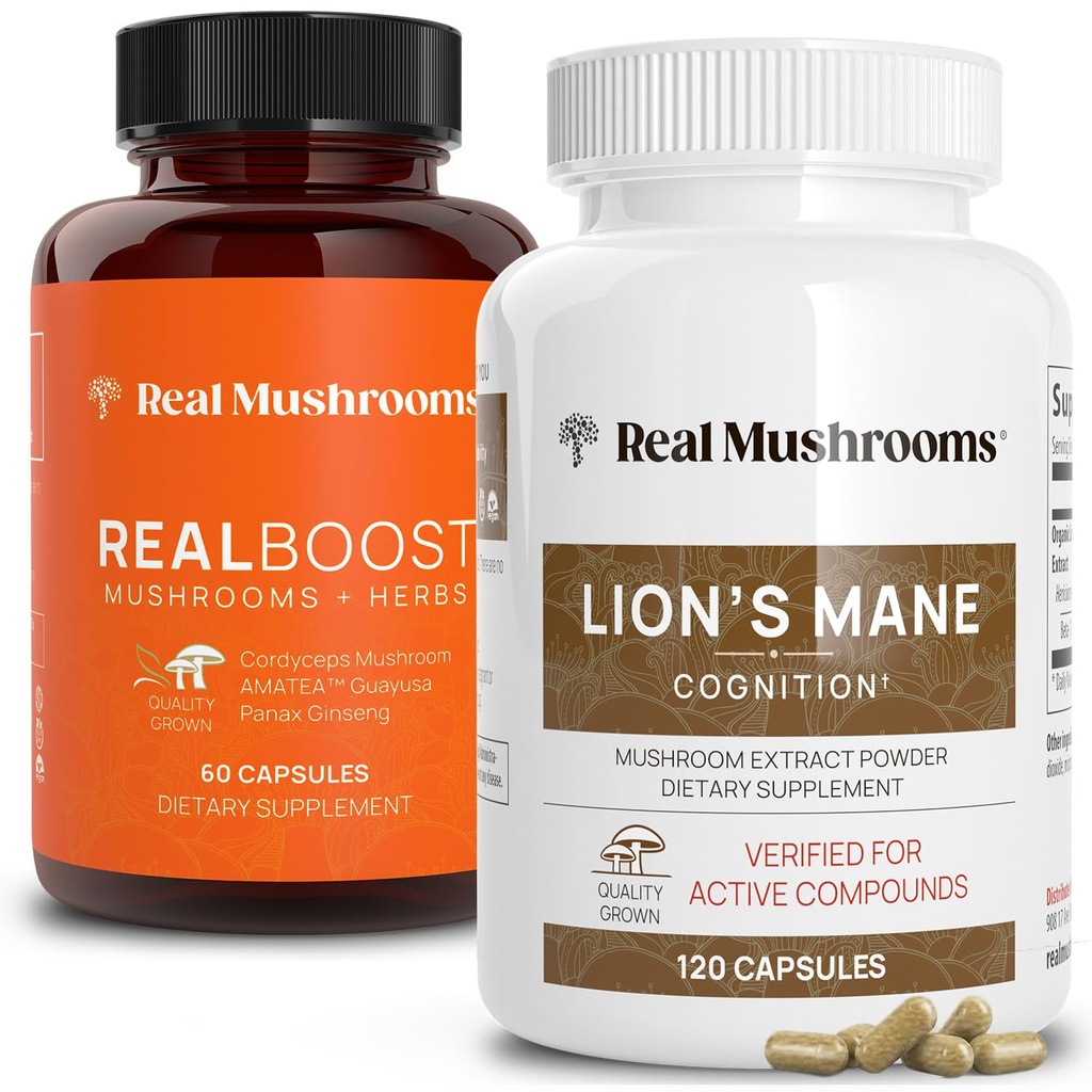 Real Paddestoelen RealBoost (60ct) en Lions Mane (120ct) Capsules Bundel - Paddestoelensupplement voor energie, vitaliteit en cognitie - Energie en hersenen Vitaminen w/Cordyceps, Ginseng, Guayusa - Vegan, Non-GMO