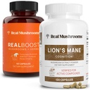Real Paddestoelen RealBoost (60ct) en Lions Mane (120ct) Capsules Bundel - Paddestoelensupplement voor energie, vitaliteit en cognitie - Energie en hersenen Vitaminen w/Cordyceps, Ginseng, Guayusa - Vegan, Non-GMO