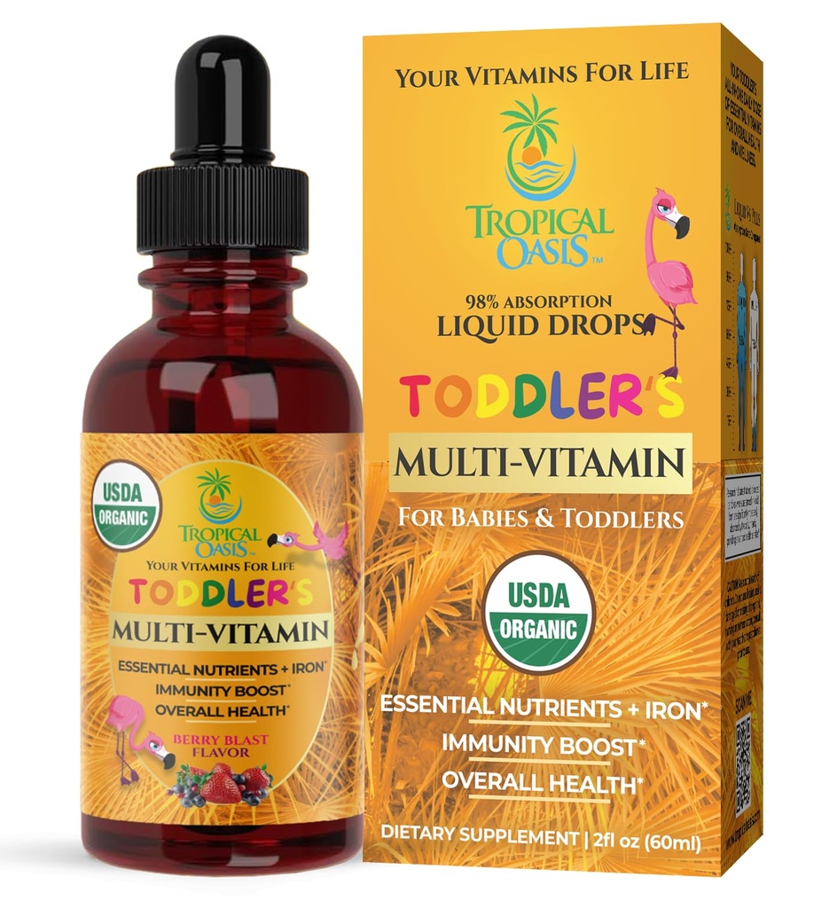 USDA Organic Kids Multivitamin with Iron for Toddlers | Organic Liquid Multivitamin Multimineral Drops for Kids Ages 1-3 | Immune Support for Toddlers | Sugar Free | Vegan | Non-GMO | 2 Fl Oz