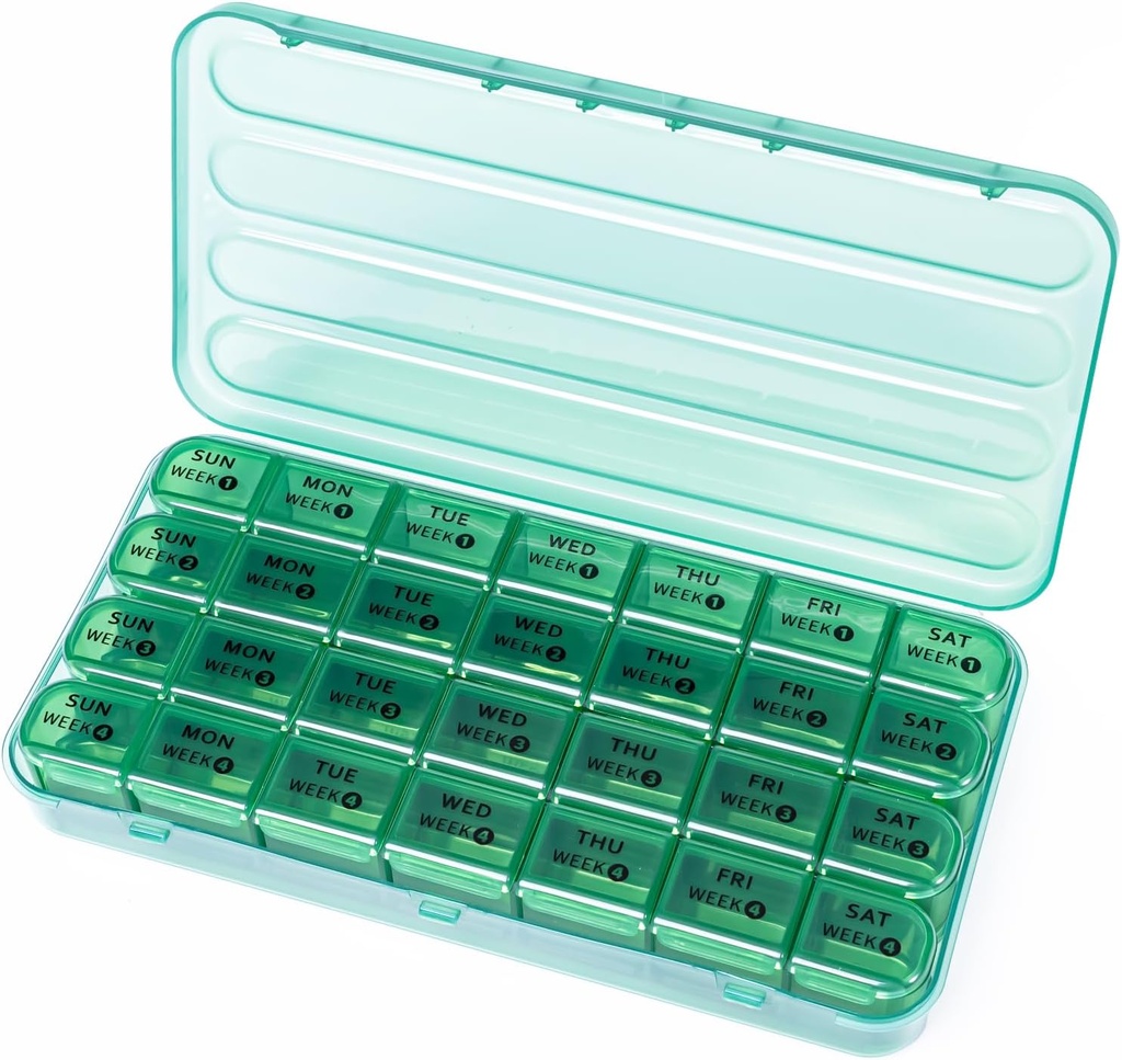 28 Dag Maandelijkse Pillen Organisator - 4 Week Pillen Box 1 Tijd per dag, 7 Dag Medicine Organizer Box, Reizen Pillen Container voor Vitamine, Visolie (Olive Green)