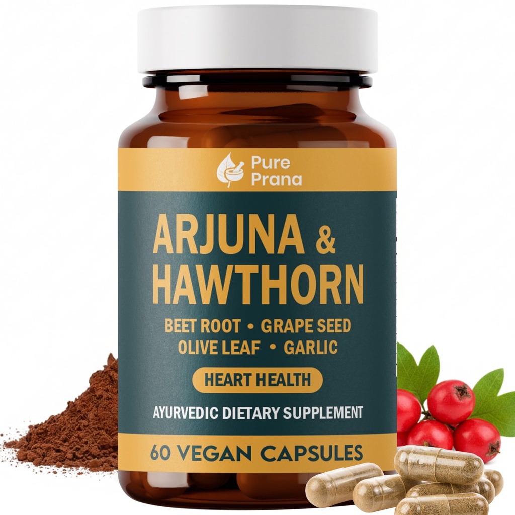 Pure Prana Arjuna & Hawthorn Heart Health Supplement with CoQ10, Beet Root, Grape Seed & Olive Leaf for Cardiovascular Support & Blood Pressure Balance, Vegan Capsules - 60 Capsules