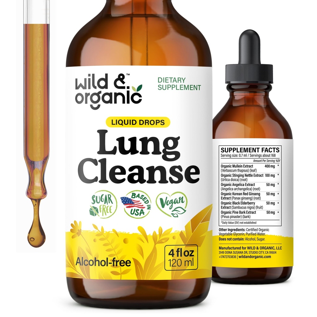 Wild & Organic Lung Cleanse Detox Tinctuur - Mullein Drops for Lungs - Herbal Mullein Extract Supplement - Vegan, Alcoholvrije Drops - 4 fl oz