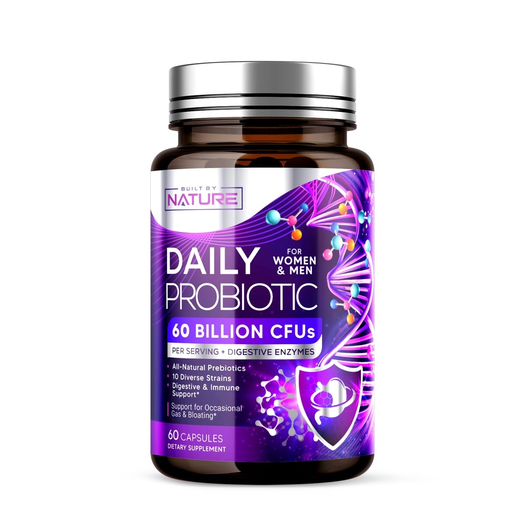Construit par Nature Probiotic pour les femmes et les hommes – 60 milliards CFU, 10 souches + prébiotiques et enzymes digestives – soutient digestif, immunitaire, réduire le gaz et le ballonnement – plateau stable, non-OGM - 60 capsules