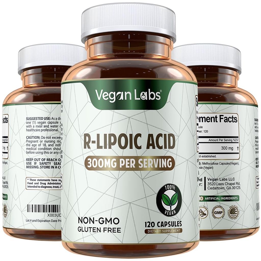 Vegan Labs R-Lipoïnezuur 300MG, 120 Vegan Capsules- Ondersteunt Cellulaire Energie en Antioxidant Bescherming- Glutenvrij, Niet-GMO, gestabiliseerd R-ALA Supplement- 4 Maand Levering