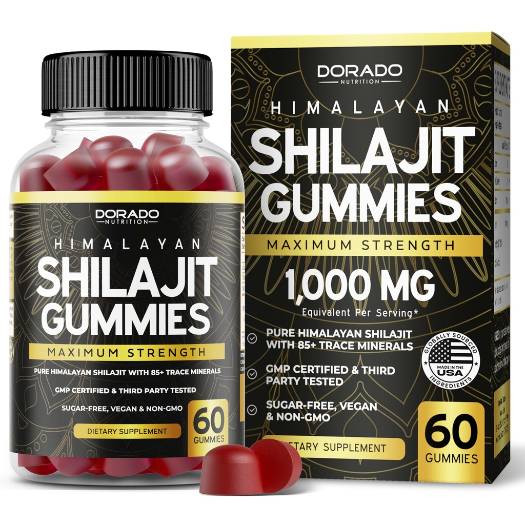 Shilajit Gummies pour les hommes et les femmes 1000mg (grade d'or de haute puissance avec 85+ minéraux traces avec l'acide fulvic) - Soutien de l'énergie et de l'immunité - tiers testé, non OGM, végétalien et fabriqué aux États-Unis - (60 Gummies)