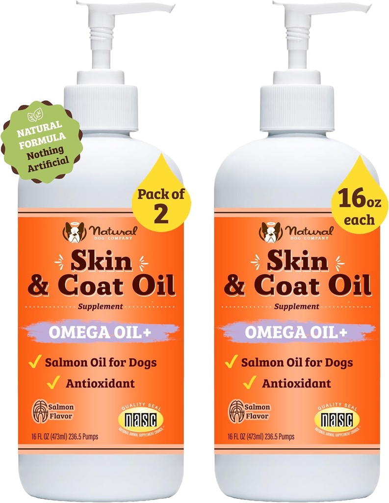 Natural Dog Company 2 Pack - 16 oz. Huid-en jasolie, ondersteunt huidgezondheid, visolie supplementen voor honden, vetzuren, antioxidant, voor Multi Dog Families, Grote Ras Honden, 32 oz. Waarde