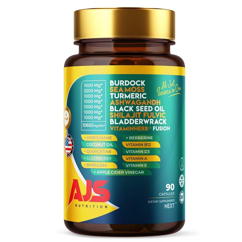 AJS Sea Moss Capsules 3200mg, Himalayan Shilajit 1000mg avec l'huile de graines noires, Ashwagandha, Turmeric, Bladderwrack, Burdock, Vitamines, Berberine, Lion, Mane Champignon, Elderberry- 90 Caps