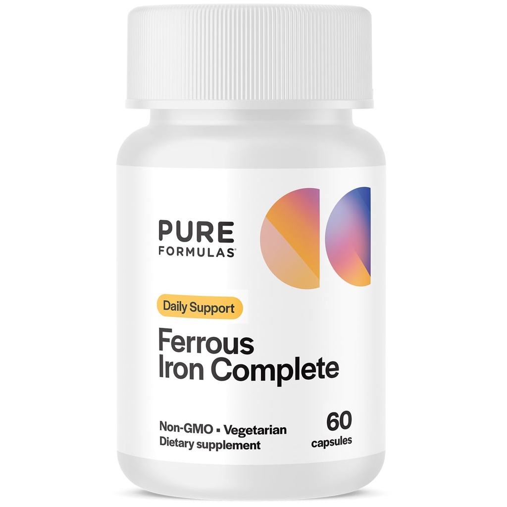 Ferrous Iron Complete: 29 mg Iron Supplement Iron with Vitamin C, Vitamin B12, B6, Thiamin and Folate Blood Support Supplement for Men & Women Without GI Side Effects - 60 Capsules
