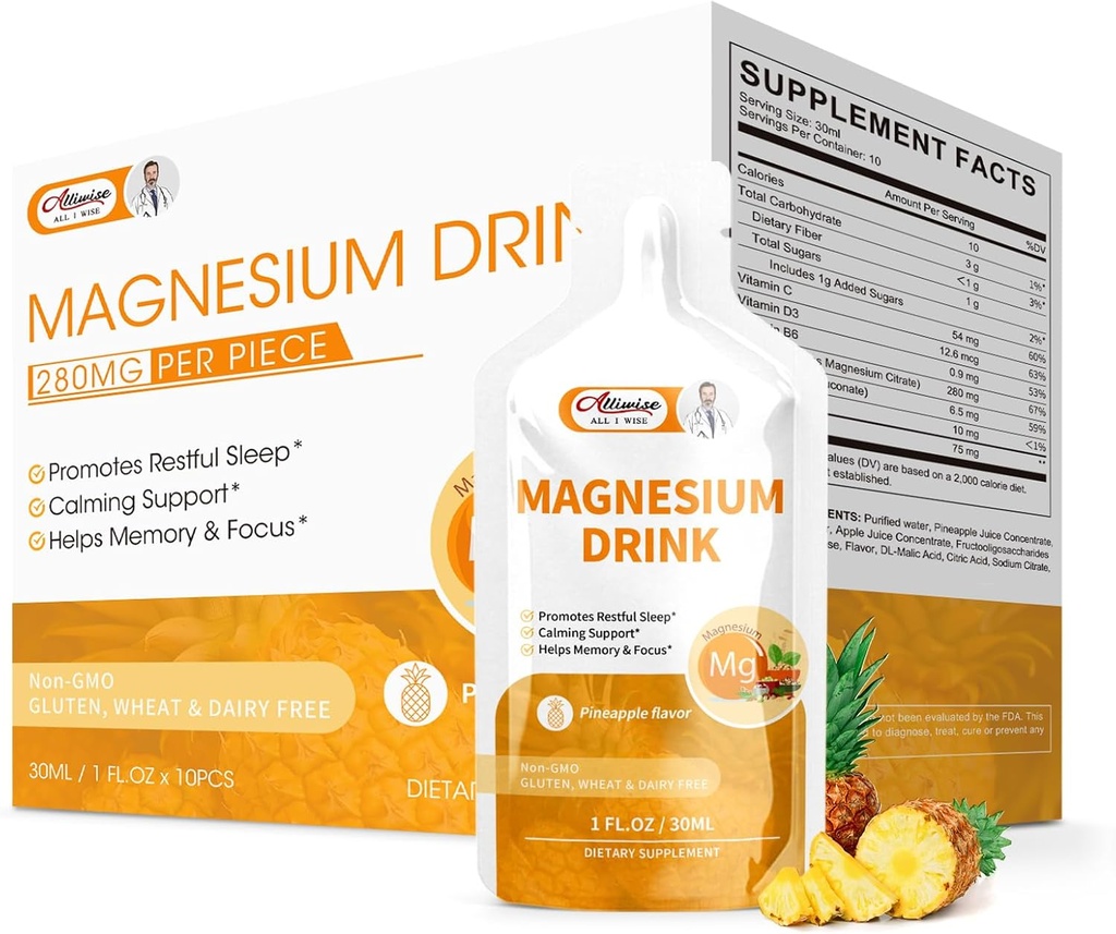 Magnesium Citrate Liquid Magnesium Drink Oral Solution with Vitamin, Zink & Sodium Bromelain, Essential Magnesium Supplement Ondersteuning Immune, Bone Health en Zzz, Ananas Flavor, 10 Fl Oz