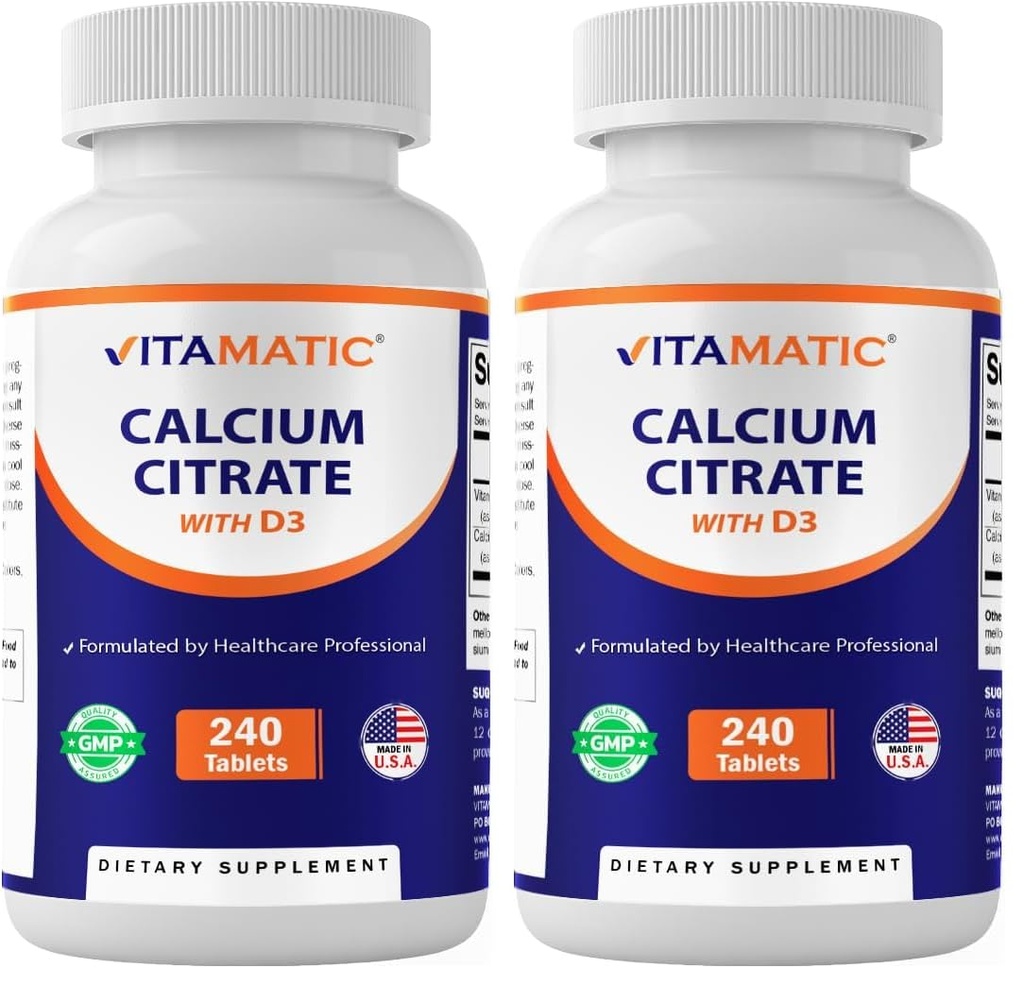 Vitamatic Calcium Citrate with Vitamin D3 – 240 Tablets – High Absorption Calcium Citrate with D3 – Non-GMO, Gluten-Free (Pack of 2)