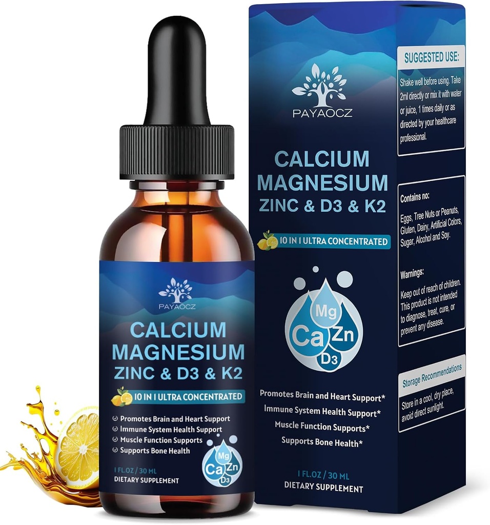 (4 Pack) 10 in 1 Calcium Magnesium Zink Supplement, Magnesium Glycinate Complex Liquid Drops met vitamine D3 K2 B6, Vegan Calcium citraat Bone & Immune Health Support, Slaap &amp; Kramps, Boron, 1 Fl Oz