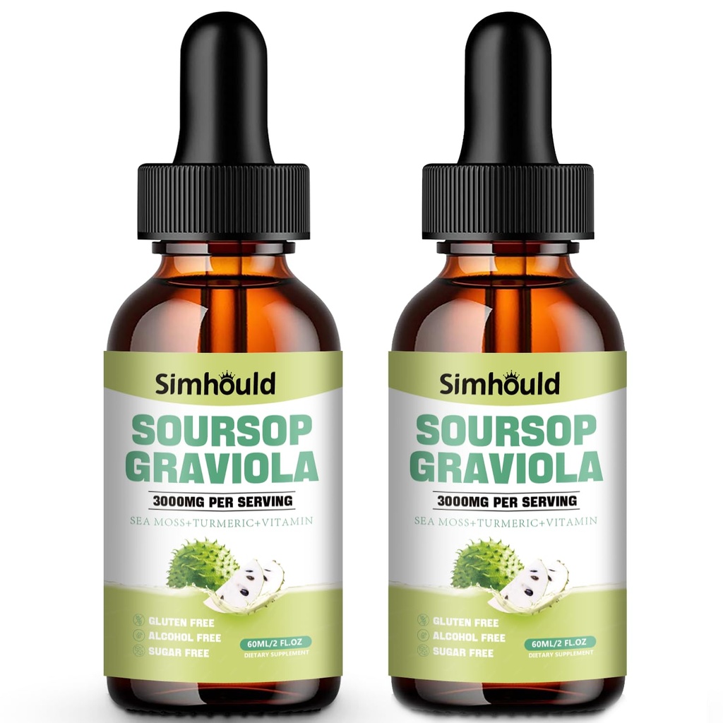 2 Packs 3000MG Soursop Bitters Liquid Drops for Cell Support & Regeneration, Immune, Gut, Antioxidant, Mood, Relax, Liver and Sleep Zzz - Soursop Graviola Sea Moss, Turmeric, Vitamin B6, C - 4 Fl Oz